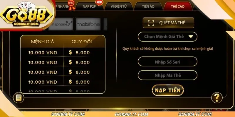 Lỗi nạp tiền go88 thường gặp